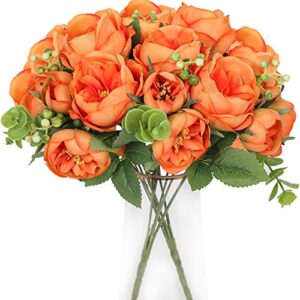 nubry artificial flowers 2 bunches fake peony silk flowers arrangements with eucalyptus leaves faux realistic bouquet for wedding decoration (orange)