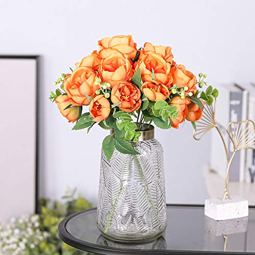 Nubry Artificial Flowers 2 Bunches Fake Peony Silk Flowers Arrangements with Eucalyptus Leaves Faux Realistic Bouquet for Wedding Decoration (Orange)