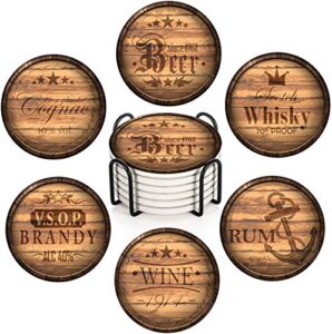 britimes set of 6 coaster for drinks absorbent with cork base, metal holder, round wooden stone drink mat for coffee wood table, gift for birthday, farmhouse housewarming room bar decor retro 2