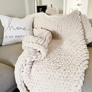 mansmerton chunky knit blanket throw large 50″ x 60″ beige， warm soft chenille yarn knit blanket for bed，sofa，machine washable， handmade big cable knit weighted blanket -bedroom&boho home decor，gift
