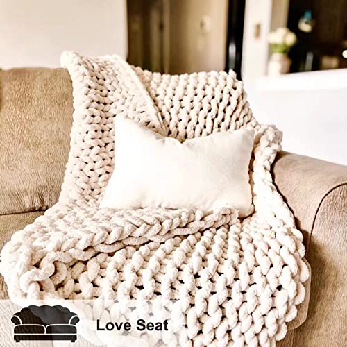 Mansmerton Chunky Knit Blanket Throw Large 50" x 60" Beige， Warm Soft Chenille Yarn Knit Blanket for Bed，Sofa，Machine Washable， Handmade Big Cable Knit Weighted Blanket -Bedroom&Boho Home Decor，Gift