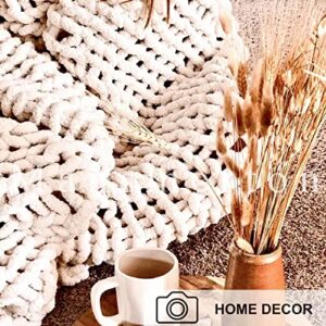 Mansmerton Chunky Knit Blanket Throw Large 50" x 60" Beige， Warm Soft Chenille Yarn Knit Blanket for Bed，Sofa，Machine Washable， Handmade Big Cable Knit Weighted Blanket -Bedroom&Boho Home Decor，Gift