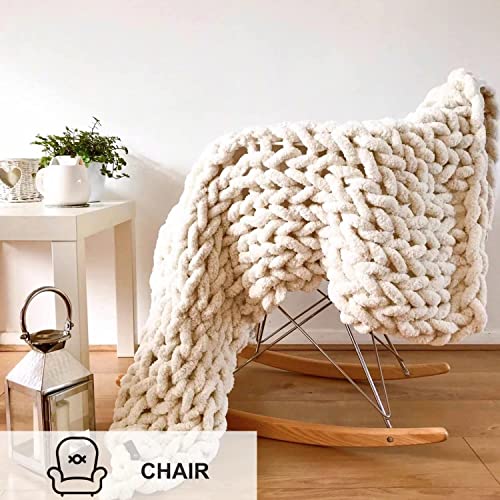 Mansmerton Chunky Knit Blanket Throw Large 50" x 60" Beige， Warm Soft Chenille Yarn Knit Blanket for Bed，Sofa，Machine Washable， Handmade Big Cable Knit Weighted Blanket -Bedroom&Boho Home Decor，Gift