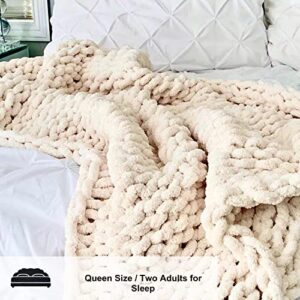 Mansmerton Chunky Knit Blanket Throw Large 50" x 60" Beige， Warm Soft Chenille Yarn Knit Blanket for Bed，Sofa，Machine Washable， Handmade Big Cable Knit Weighted Blanket -Bedroom&Boho Home Decor，Gift