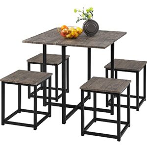 yaheetech 5-piece dining table set – industrial kitchen table & chairs sets for 4 – compact table with 4 stools & space-saving design for apartment, small space, breakfast nook, drift brown