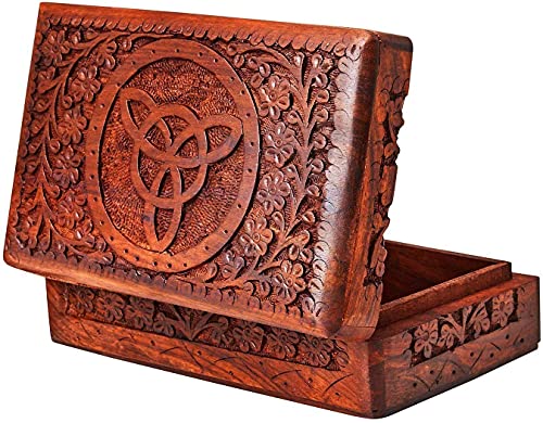 Ajuny Wooden Indian Handmade Carving Box Jewelry Storage Holder Perfect Gifts For Women 8x5x2.5 Inch