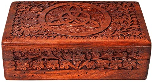 Ajuny Wooden Indian Handmade Carving Box Jewelry Storage Holder Perfect Gifts For Women 8x5x2.5 Inch