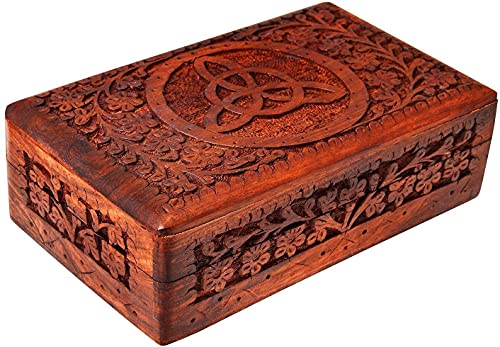 Ajuny Wooden Indian Handmade Carving Box Jewelry Storage Holder Perfect Gifts For Women 8x5x2.5 Inch