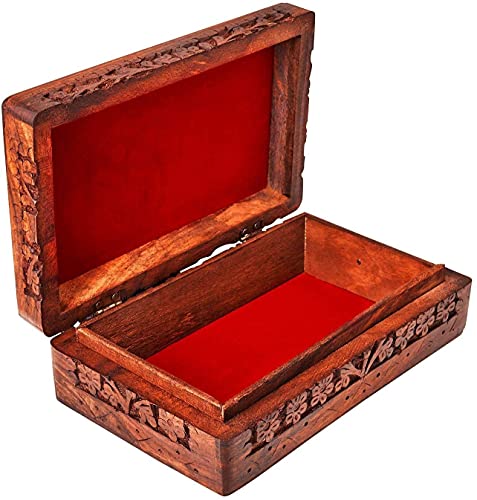 Ajuny Wooden Indian Handmade Carving Box Jewelry Storage Holder Perfect Gifts For Women 8x5x2.5 Inch