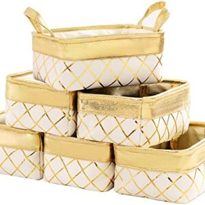 TheWarmHome Storage Basket [6-Pack], Fabric Storage Bins w/Handles, Bronzing Plush-Feel Gift Baskets, Storage Baskets for Organizing Shelves Closet(Gold&White Velvet, Small-6 Pack)