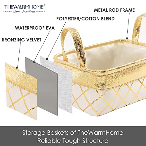 TheWarmHome Storage Basket [6-Pack], Fabric Storage Bins w/Handles, Bronzing Plush-Feel Gift Baskets, Storage Baskets for Organizing Shelves Closet(Gold&White Velvet, Small-6 Pack)