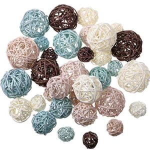 36 Pcs Wicker Rattan Balls Decorative Balls for Centerpiece Bowls Orbs Vase Fillers for Spring Summer Craft, Wedding Party, Potpourri Decoration, 4 Sizes (Light Blue, Light Brown, Dark Brown, White)