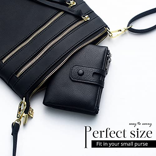 Bveyzi Small Soft Leather Wallet for Women RFID Blocking Ladies Card Holder with Double Zipper Pocket (Black)