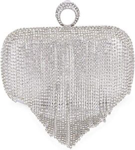 umren women crystal tassel clutch purses evening clutch bag rhinestones handbag for wedding party (one size, silver)