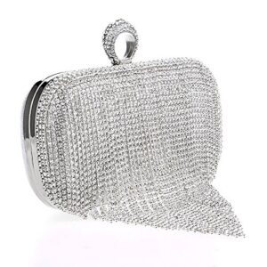 UMREN Women Crystal Tassel Clutch Purses Evening Clutch Bag Rhinestones Handbag for Wedding Party (One Size, Silver)