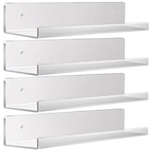 acrylic floating wall ledge shelf,4 pack 15″ wall bookshelf for kids,display shelves for funko pop toys collectibles,makeup organizer,spices organizer,perfume, bathroom storage shelves wall mounted