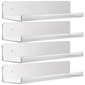 Acrylic Floating Wall Ledge Shelf,4 Pack 15" Wall Bookshelf for Kids,Display Shelves for Funko Pop Toys Collectibles,Makeup Organizer,Spices Organizer,Perfume, Bathroom Storage Shelves Wall Mounted