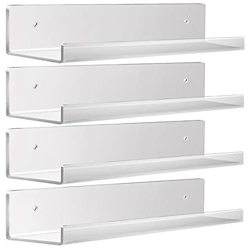 Acrylic Floating Wall Ledge Shelf,4 Pack 15" Wall Bookshelf for Kids,Display Shelves for Funko Pop Toys Collectibles,Makeup Organizer,Spices Organizer,Perfume, Bathroom Storage Shelves Wall Mounted