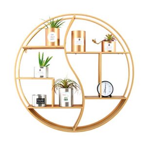 glcs glaucus floating shelves wall mounted,rustic decor wood wall shelf round metal wall mount display organizer holder for home decor,gold