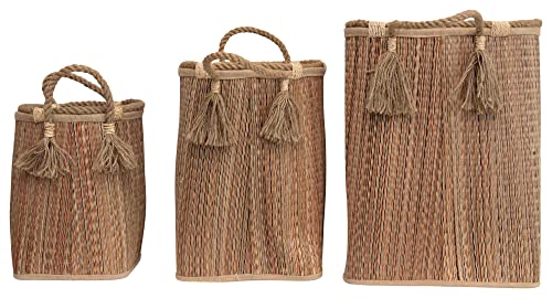 Creative Co-Op 14.25", 18" & 22" Handwoven Seagrass Handles & Tassels (Set of 3 Sizes) Baskets, Multicolor