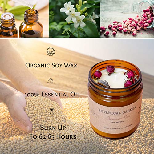 Organic Jasmine & Rose Scented Aromatherapy All-Natural Soy Candle | 100% Essential Oil | California Organic Dry Flower | Gift for Him or Her | Home Decor | Long Lasting - 9Oz. (Jasmine + Rose)