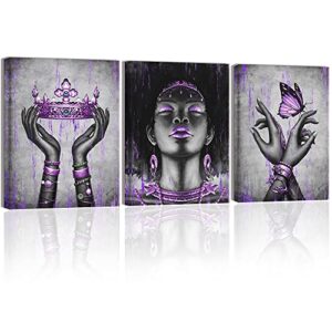 Kalormore Fashion African American Woman Painting Giclee Canvas Prints Elegant Black Girl with Purple Accessories Picture Poster Gallery Wrapped Artwork for Bedroom Makeup Room Decoration