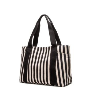yhshyzh medium tote handbag black & white striped daily satchel shoulder purses with multi-pockets canvas vaction work tote with zipper spring summer beach bag gifts for womens (m black+white)