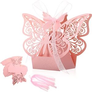 outus 60 pieces butterfly laser cut favor boxes cookie present boxes with ribbons cute chocolate box for wedding girl bridal birthday party baby shower favors decoration supplies (pink)
