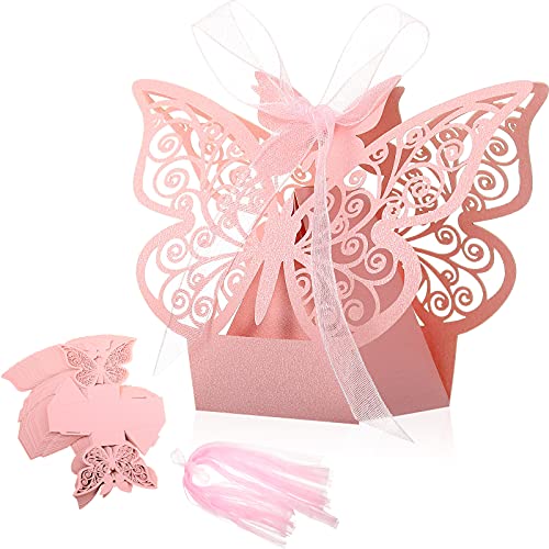 Outus 60 Pieces Butterfly Laser Cut Favor Boxes Cookie Present Boxes with Ribbons Cute Chocolate Box for Wedding Girl Bridal Birthday Party Baby Shower Favors Decoration Supplies (Pink)