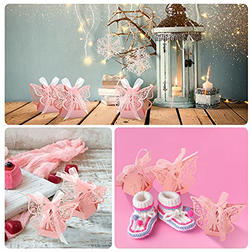 Outus 60 Pieces Butterfly Laser Cut Favor Boxes Cookie Present Boxes with Ribbons Cute Chocolate Box for Wedding Girl Bridal Birthday Party Baby Shower Favors Decoration Supplies (Pink)