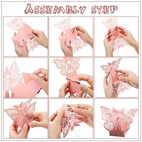 Outus 60 Pieces Butterfly Laser Cut Favor Boxes Cookie Present Boxes with Ribbons Cute Chocolate Box for Wedding Girl Bridal Birthday Party Baby Shower Favors Decoration Supplies (Pink)