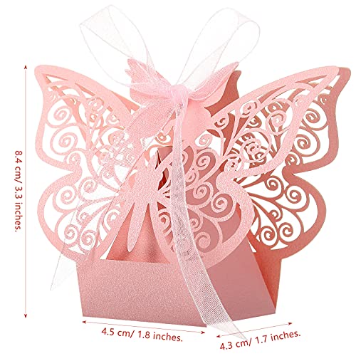 Outus 60 Pieces Butterfly Laser Cut Favor Boxes Cookie Present Boxes with Ribbons Cute Chocolate Box for Wedding Girl Bridal Birthday Party Baby Shower Favors Decoration Supplies (Pink)