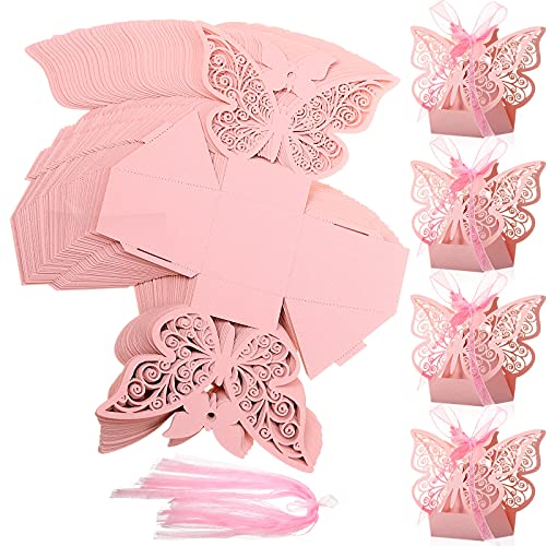 Outus 60 Pieces Butterfly Laser Cut Favor Boxes Cookie Present Boxes with Ribbons Cute Chocolate Box for Wedding Girl Bridal Birthday Party Baby Shower Favors Decoration Supplies (Pink)