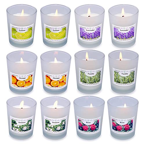 Scented Candles Gift Set for Women, Small Aromatherapy Soy Wax Candes in Glass for Wedding Baby Shower, Spa - Lavender, Vanilla, Rose, Jasmine, Lemon and Orange Scented, Set of 12