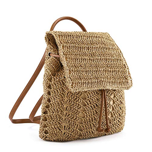 Ayliss Women Straw Beach Handbag Backpack Shoulder Handbag Summer Beach Woven Handmade Tote Purse Hobo Bag Rucksack Daypack (Khaki)