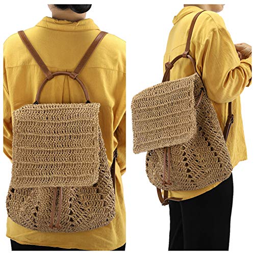 Ayliss Women Straw Beach Handbag Backpack Shoulder Handbag Summer Beach Woven Handmade Tote Purse Hobo Bag Rucksack Daypack (Khaki)