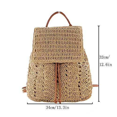 Ayliss Women Straw Beach Handbag Backpack Shoulder Handbag Summer Beach Woven Handmade Tote Purse Hobo Bag Rucksack Daypack (Khaki)