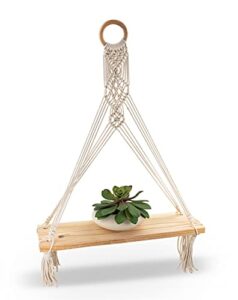 macrame wall hanging shelf, bohemian indoor wall décor, wood hanging macrame floating shelf, handmade woven twisted cotton rope plant hanger