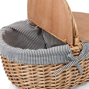 PICNIC TIME - Disney Cinderella Country Vintage Picnic Basket with Lid - Wicker Picnic Basket for 2, (Navy Blue & White Stripe)