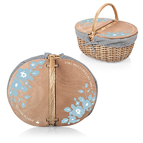 PICNIC TIME - Disney Cinderella Country Vintage Picnic Basket with Lid - Wicker Picnic Basket for 2, (Navy Blue & White Stripe)