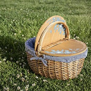 PICNIC TIME - Disney Cinderella Country Vintage Picnic Basket with Lid - Wicker Picnic Basket for 2, (Navy Blue & White Stripe)