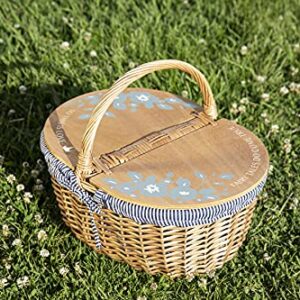 PICNIC TIME - Disney Cinderella Country Vintage Picnic Basket with Lid - Wicker Picnic Basket for 2, (Navy Blue & White Stripe)