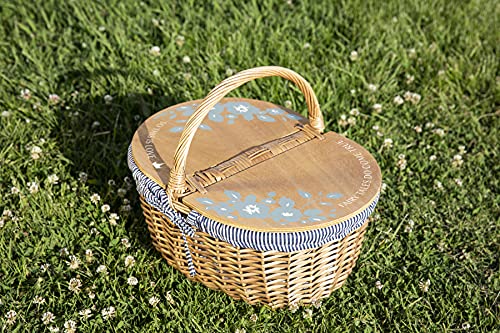 PICNIC TIME - Disney Cinderella Country Vintage Picnic Basket with Lid - Wicker Picnic Basket for 2, (Navy Blue & White Stripe)