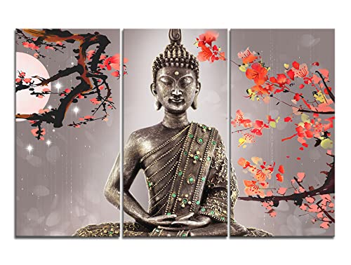 Yeawin Buddha Wall Art The Picture Print On Canvas 3 Panels Modern Artwork The Canvas for Home Living Dining Room Kitchen(Wrapped Canvas Wall Art,Ready to Hang)