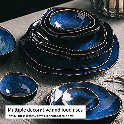 VOMANA Ceramic Decorative Dish, Blue Pottery Fruit Bowl, Porcelain Versatile Centerpiece Decor Dish, Accent Tray with Blue Glaze for Gift Decor Entryway Living Room Dining Table (10'' Dish)