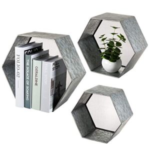 MyGift Wall Mounted Geometric Hexagon Hanging Shelf Design Rustic Galvanized Silver Metal Floating Shelves with Mesh Backing, Set of 3