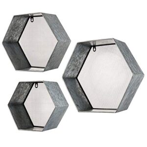 MyGift Wall Mounted Geometric Hexagon Hanging Shelf Design Rustic Galvanized Silver Metal Floating Shelves with Mesh Backing, Set of 3