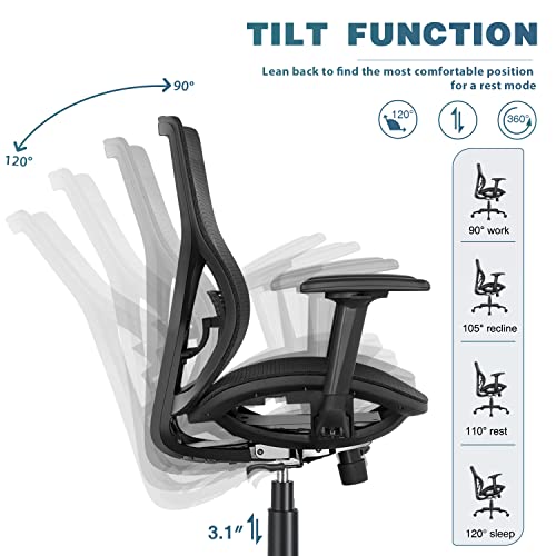 SUNNOW Ergonomic Office Chair with Adjustable Lumbar Support, High-Back Mesh Desk Chair with Sliding Seat, 2D Armrest - Swivel Computer Task Chair for Home