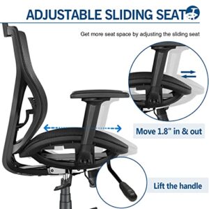 SUNNOW Ergonomic Office Chair with Adjustable Lumbar Support, High-Back Mesh Desk Chair with Sliding Seat, 2D Armrest - Swivel Computer Task Chair for Home