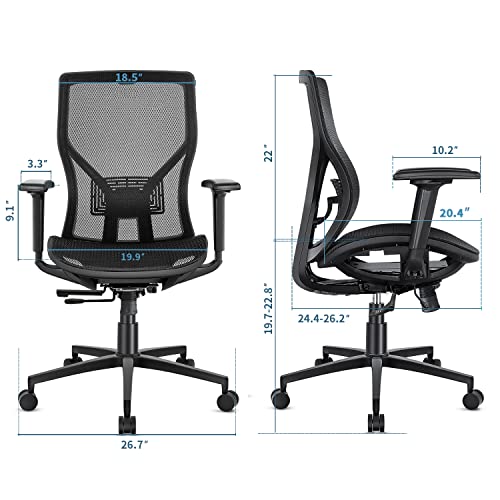 SUNNOW Ergonomic Office Chair with Adjustable Lumbar Support, High-Back Mesh Desk Chair with Sliding Seat, 2D Armrest - Swivel Computer Task Chair for Home